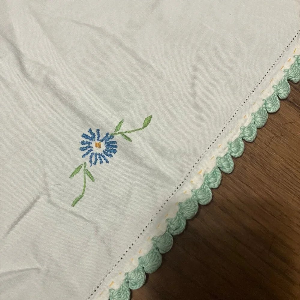 Vintage Handmade Linen Table-runner with Floral Design & Crochet Edge